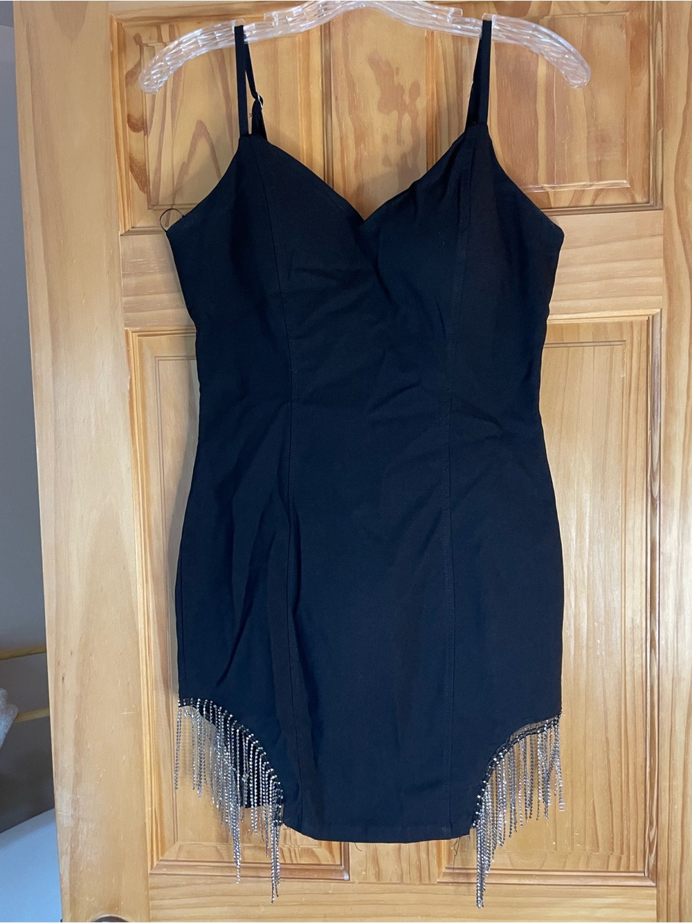 Haute Monde Black Spaghetti Strap Mini Dress with Silver Fringe
